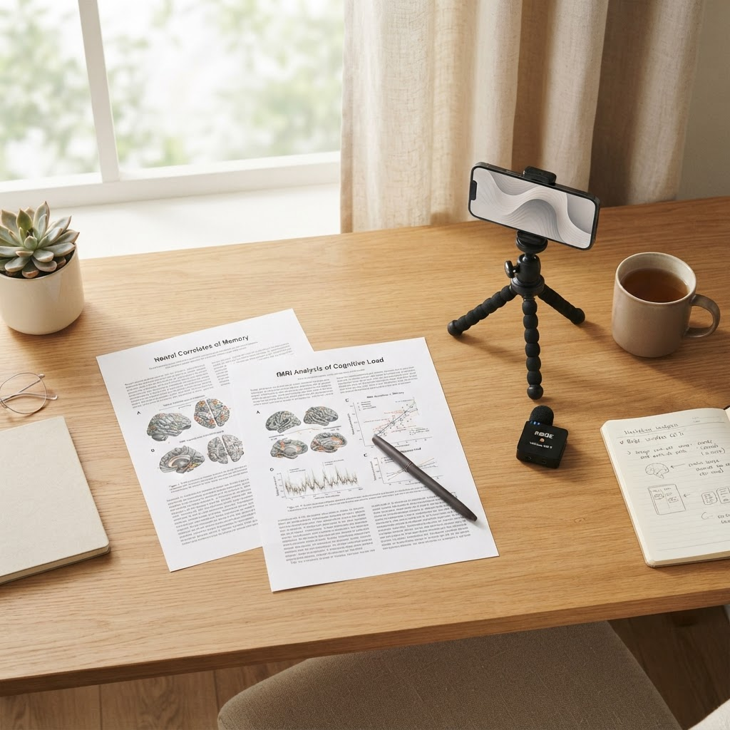 Scrivania con paper scientifici e microfono: il setup di ChiaraMente